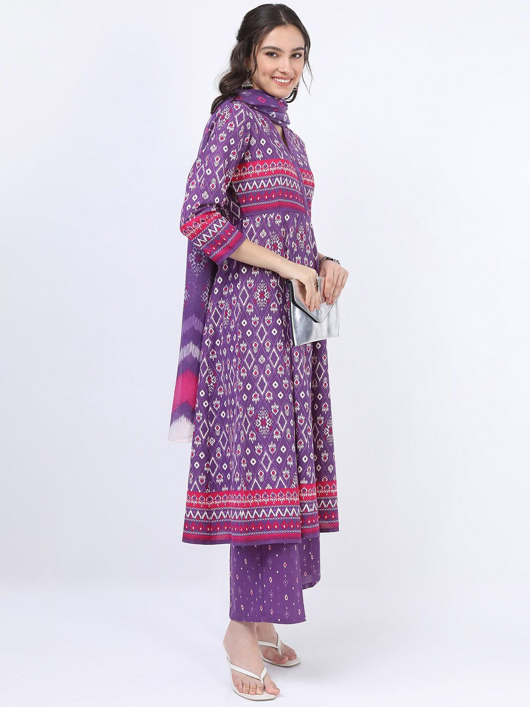 Vishudh Women Purple Printed Empire Pure Cotton Anarkali Kurta With Trousers And Dupatta