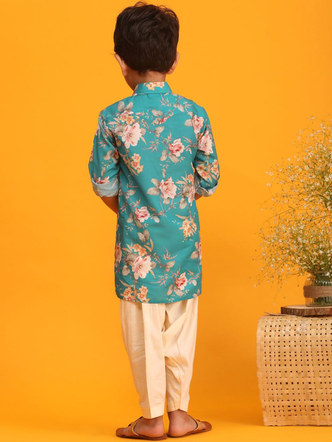 VASTRAMAY Boys Floral Printed Shirt Collar Kurta with Dhoti Pants