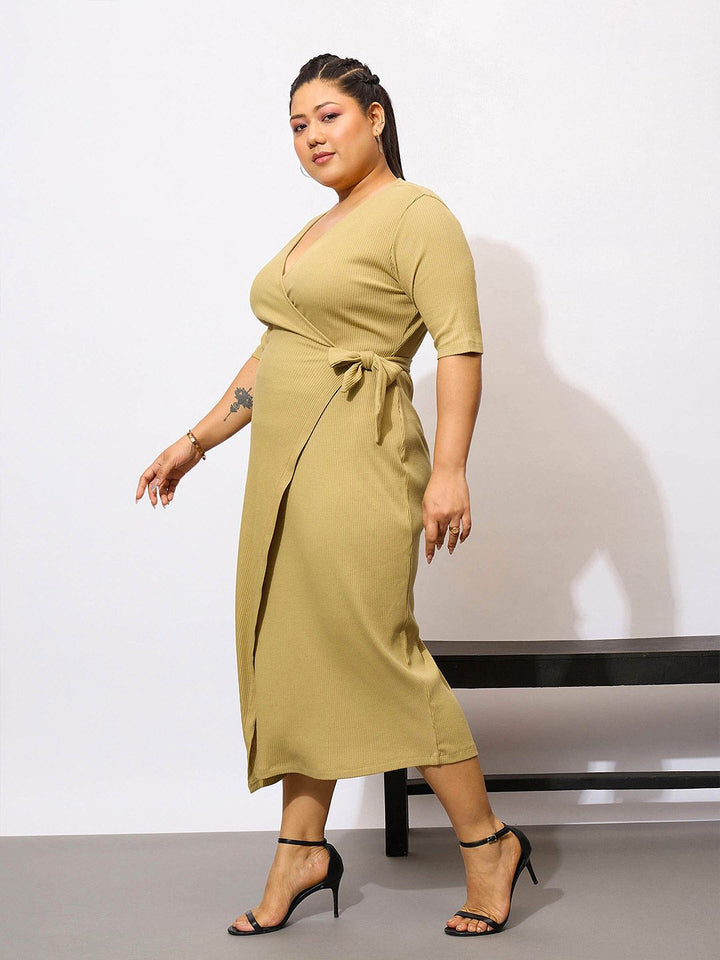 SASSAFRAS Curve Plus Size V-Neck Tie-Ups Detail Wrap Midi Dress