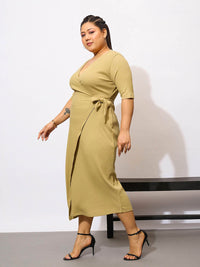 SASSAFRAS Curve Plus Size V-Neck Tie-Ups Detail Wrap Midi Dress