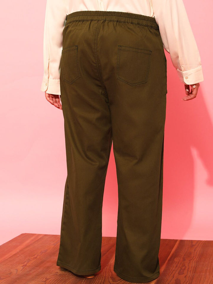 CURVY STREET Women Olive Green Relaxed Straight Leg Loose Fit Trousers