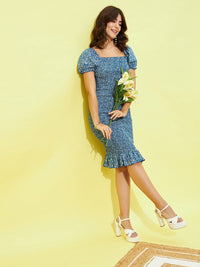 Berrylush Blue Floral Printed Puff Sleeves Smocked Bodycon Dress