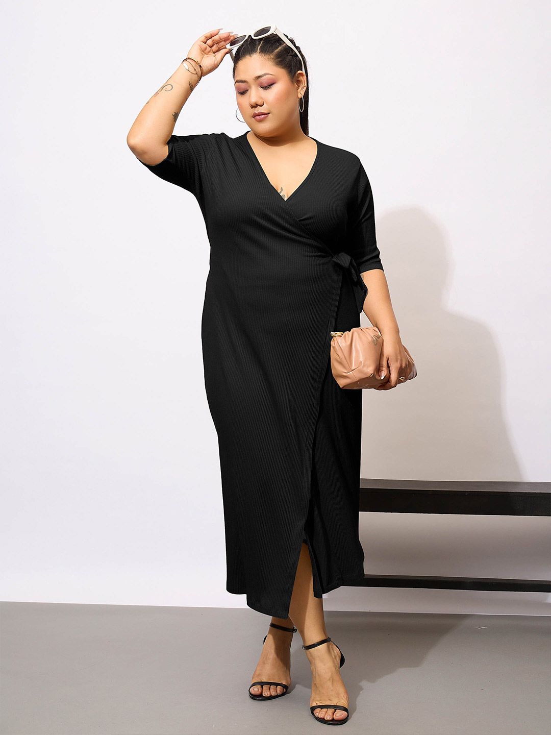 SASSAFRAS Curve Plus Size Wrap Bodycon Midi Dress