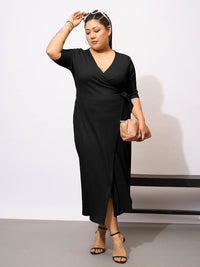 SASSAFRAS Curve Plus Size Wrap Bodycon Midi Dress