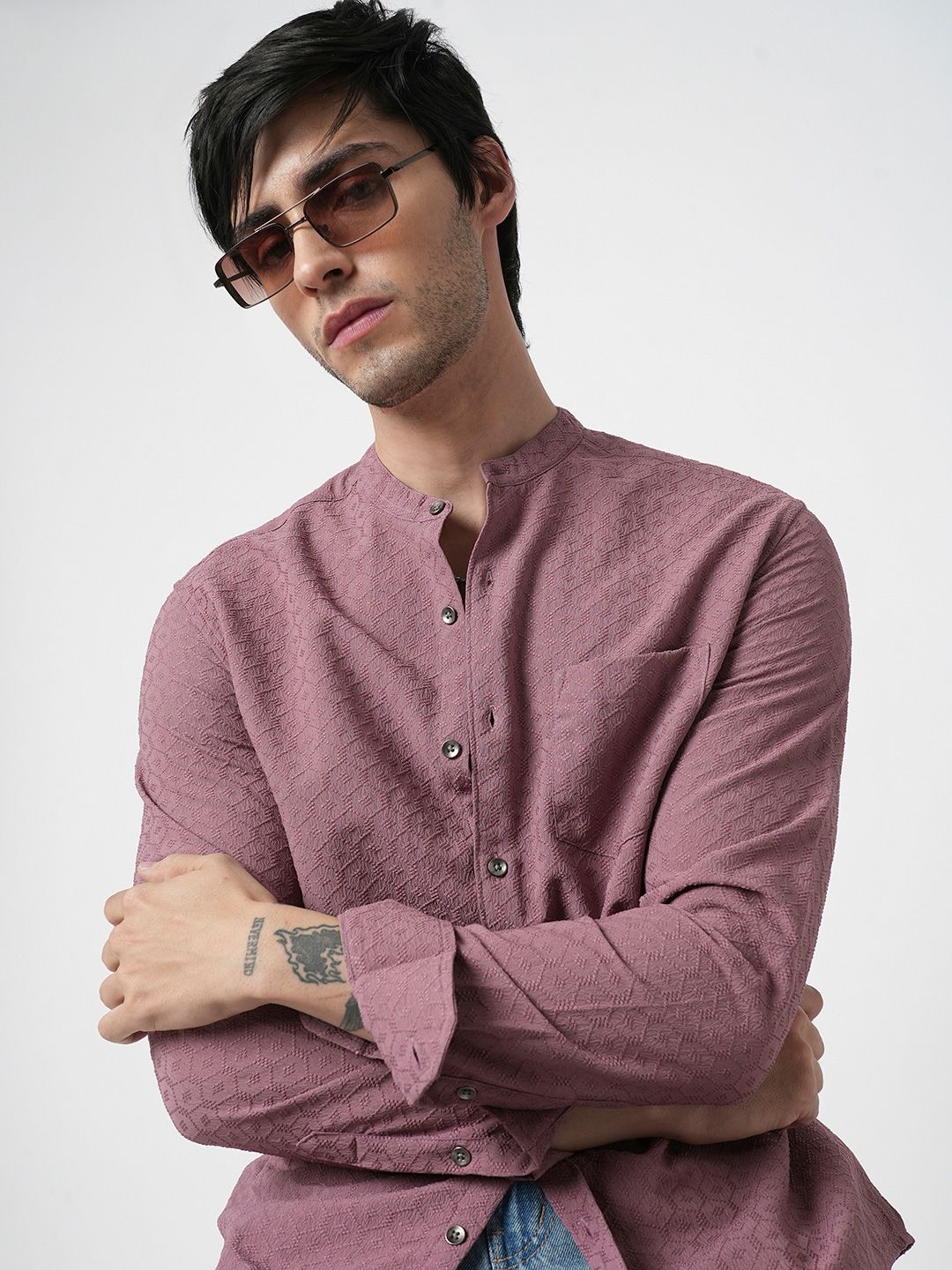 VASTRADO Men Classic Band Collar Textured Slim Fit Casual Shirt