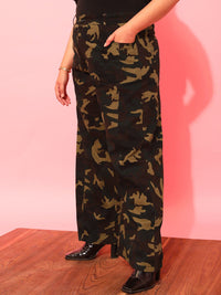 CURVY STREET Women Plus Size Olive Green Printed Relaxed Straight Leg Pure Cotton Trousers