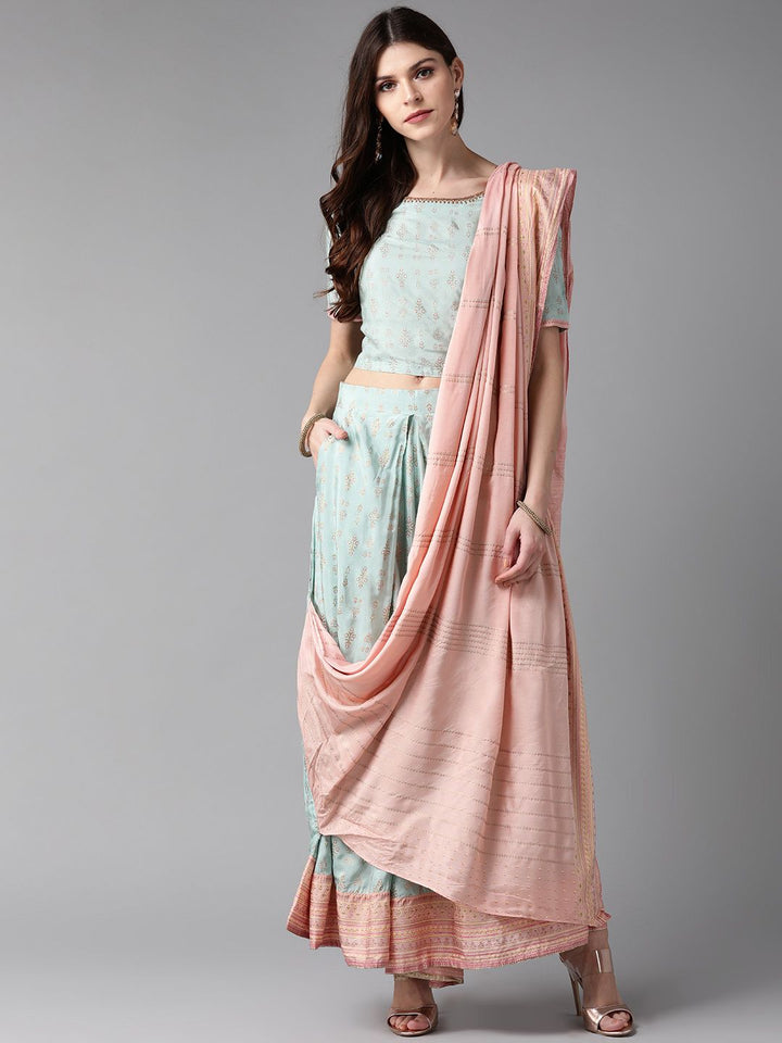 W Women Blue & Peach-Coloured Printed Top with  With Attached Dupatta
