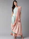 W Women Blue & Peach-Coloured Printed Top with With Attached Dupatta