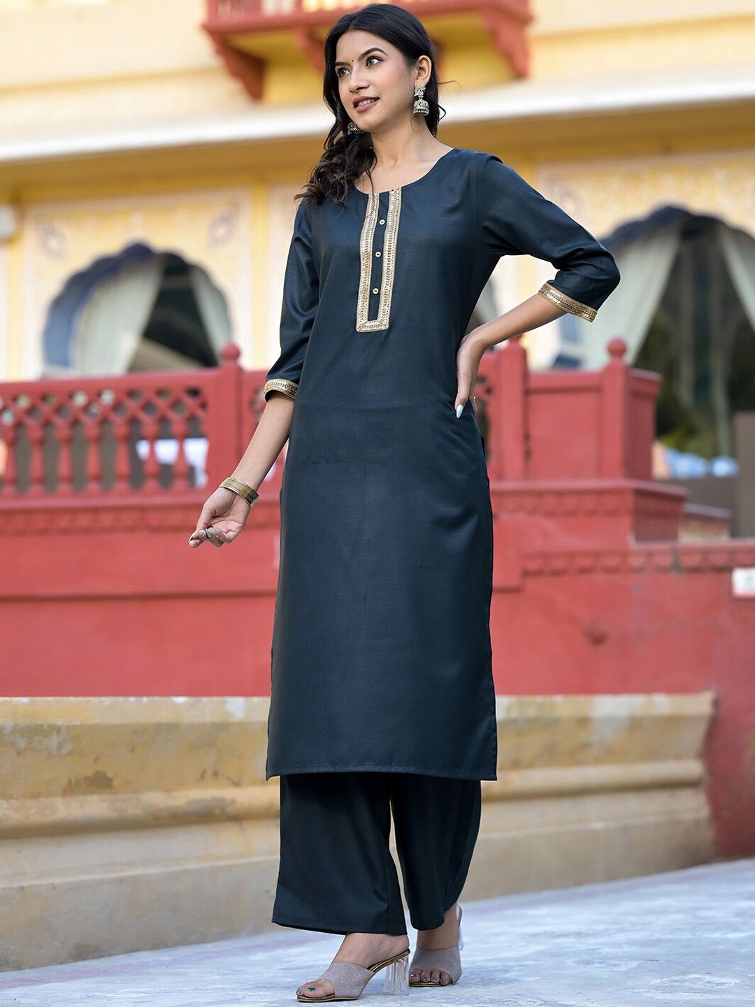 Vishudh Green Round Neck Embellished Straight Kurta & Palazzos With Dupatta