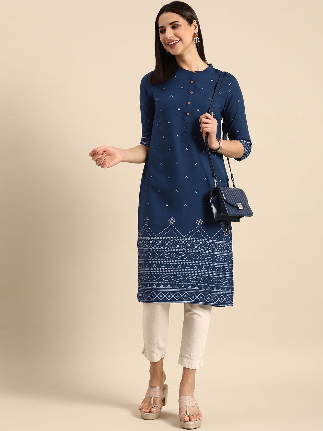 Anouk Women Mandarin Collar Bandhani Printed Indigo Kurta