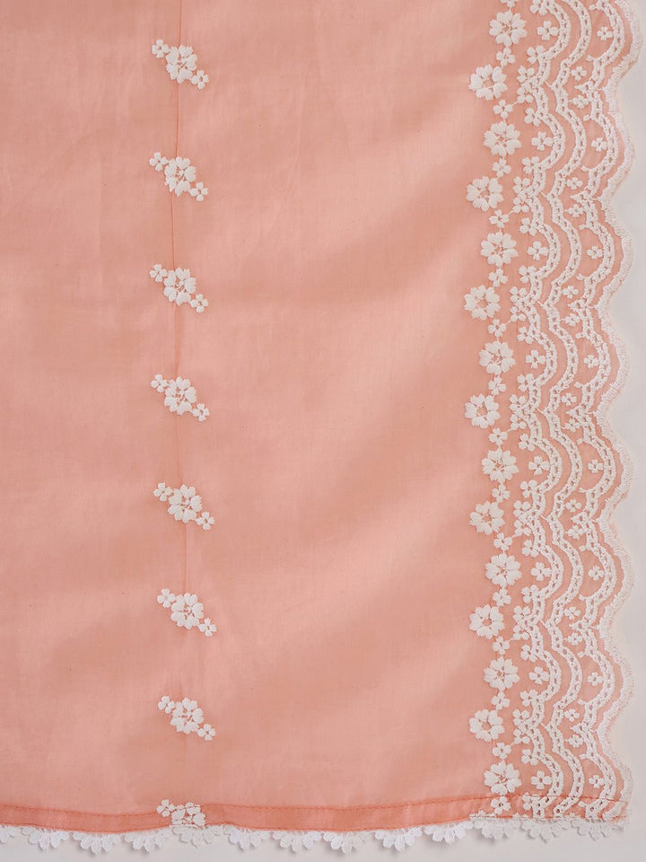 Indo Era Floral Embroidered Notched Neck Cotton Straight Kurta with Trousers & Dupatta