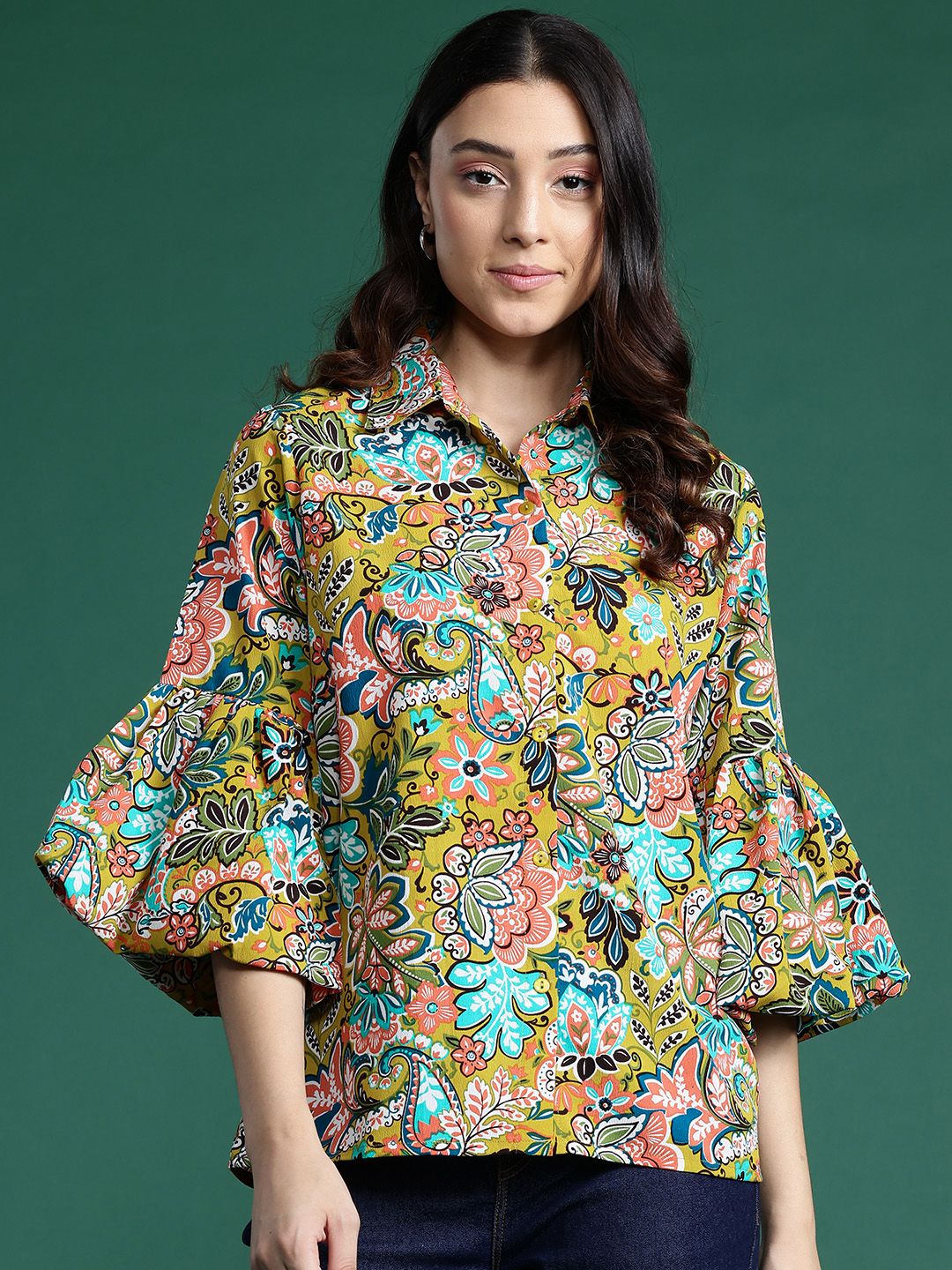 DressBerry Floral Opaque Printed Bell Sleeves Casual Shirt