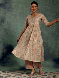 Libas Beige Floral Printed Gotta Patti Pleated A-Line Kurta with Palazzos