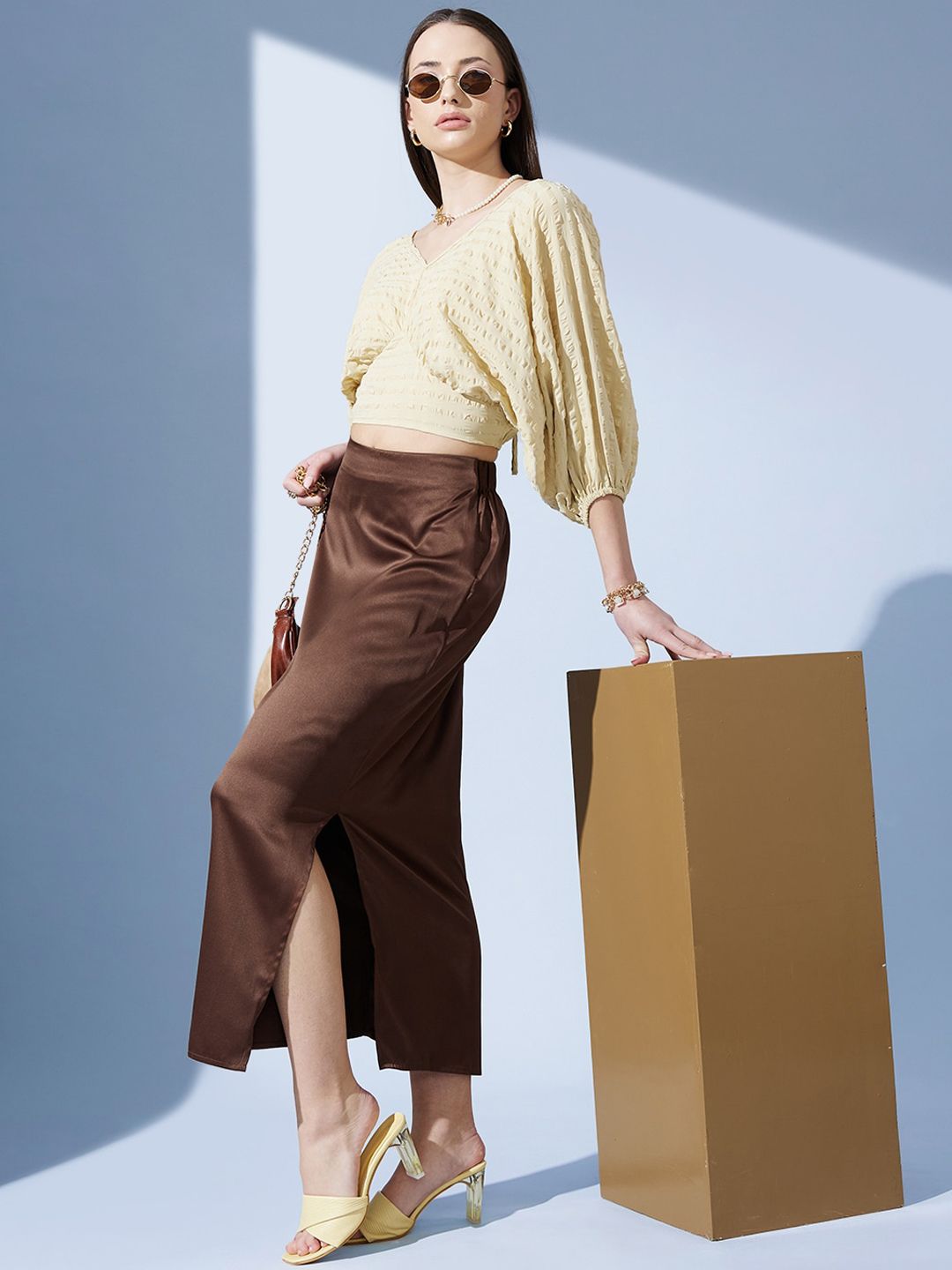 STREET 9 Brown Satin Pencil Midi Skirt