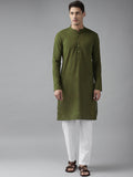 See Designs Men Olive Thread Work Straight Cotton Kurta