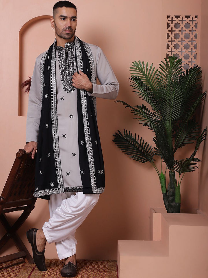 Jompers Embroidered Mandarin Collar Long Sleeves Kurta with Salwar & Dupatta