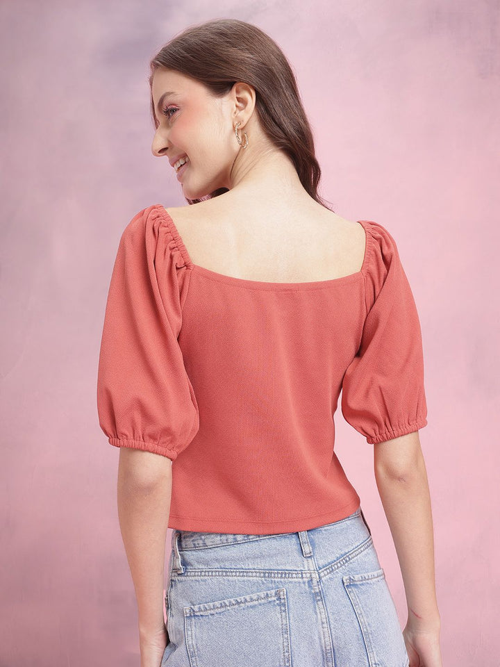 DressBerry Sweetheart Neck Puff Sleeve Textured Paneled Top