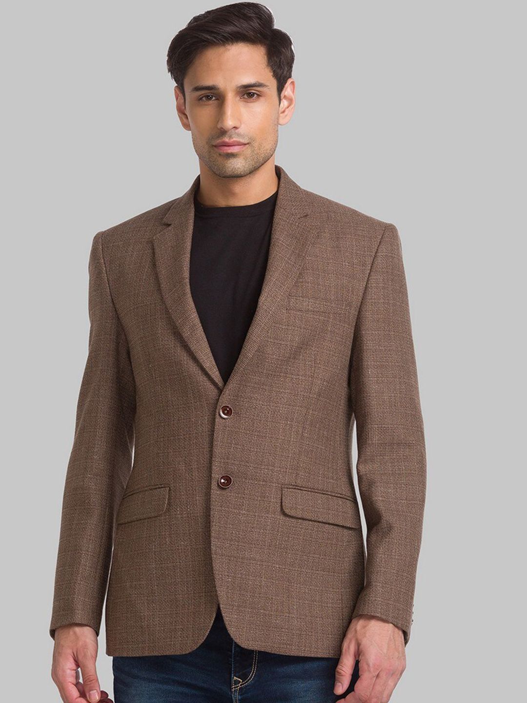 Park Avenue Men Brown Self Design Single Breasted Blazer