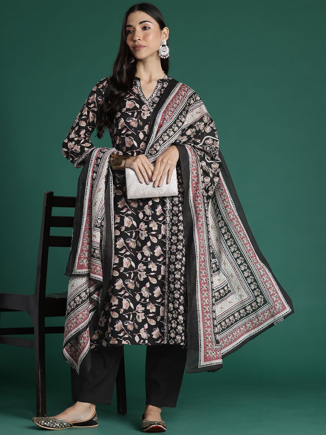 Indo Era Women Floral Printed Angrakha Pure Cotton Kurta with Trousers & With Dupatta