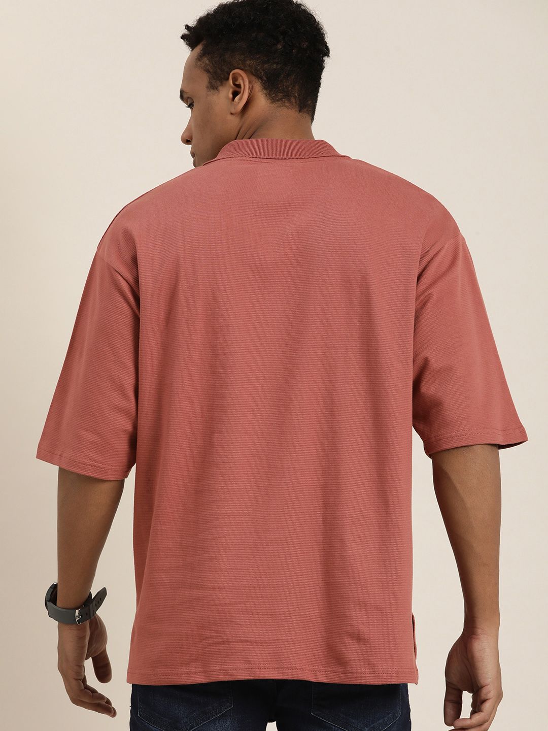 DILLINGER Men Solid Honeycomb Structure Oversized Cotton Polo T-Shirt