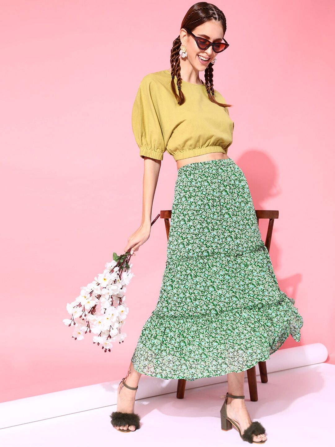 STREET 9 Women Green Floral Printed Maxi Skirt