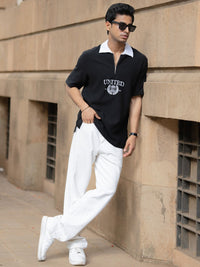 Powerlook Men Typography Printed Polo Collar Drop-Shoulder Sleeves Oversized T-shirt