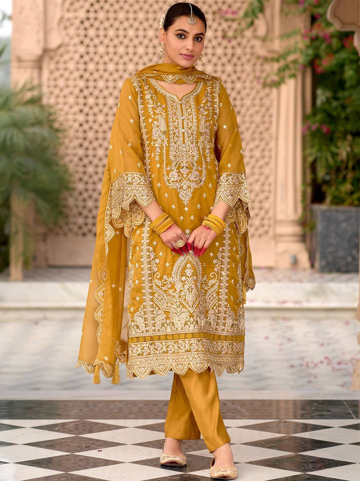 Indo Era Floral Embroidered Zari Organza Kurta With Trousers And Dupatta