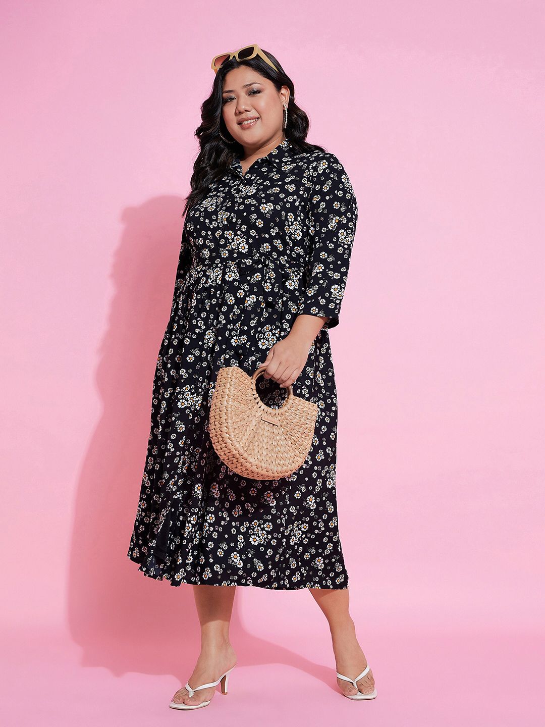SASSAFRAS Curve Black Plus Size Floral Printed Shirt Collar Belted Shirt Midi Dress