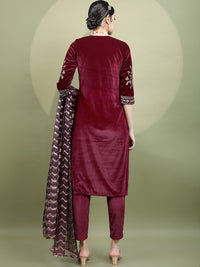 Vishudh Women Embroidered Knitted Velvet Kurta with Trousers & With Dupatta