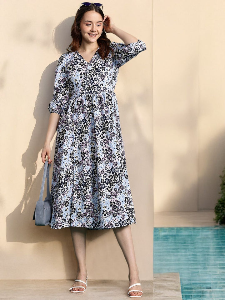 DressBerry Floral Print Puff Sleeve Fit & Flare Midi Dress
