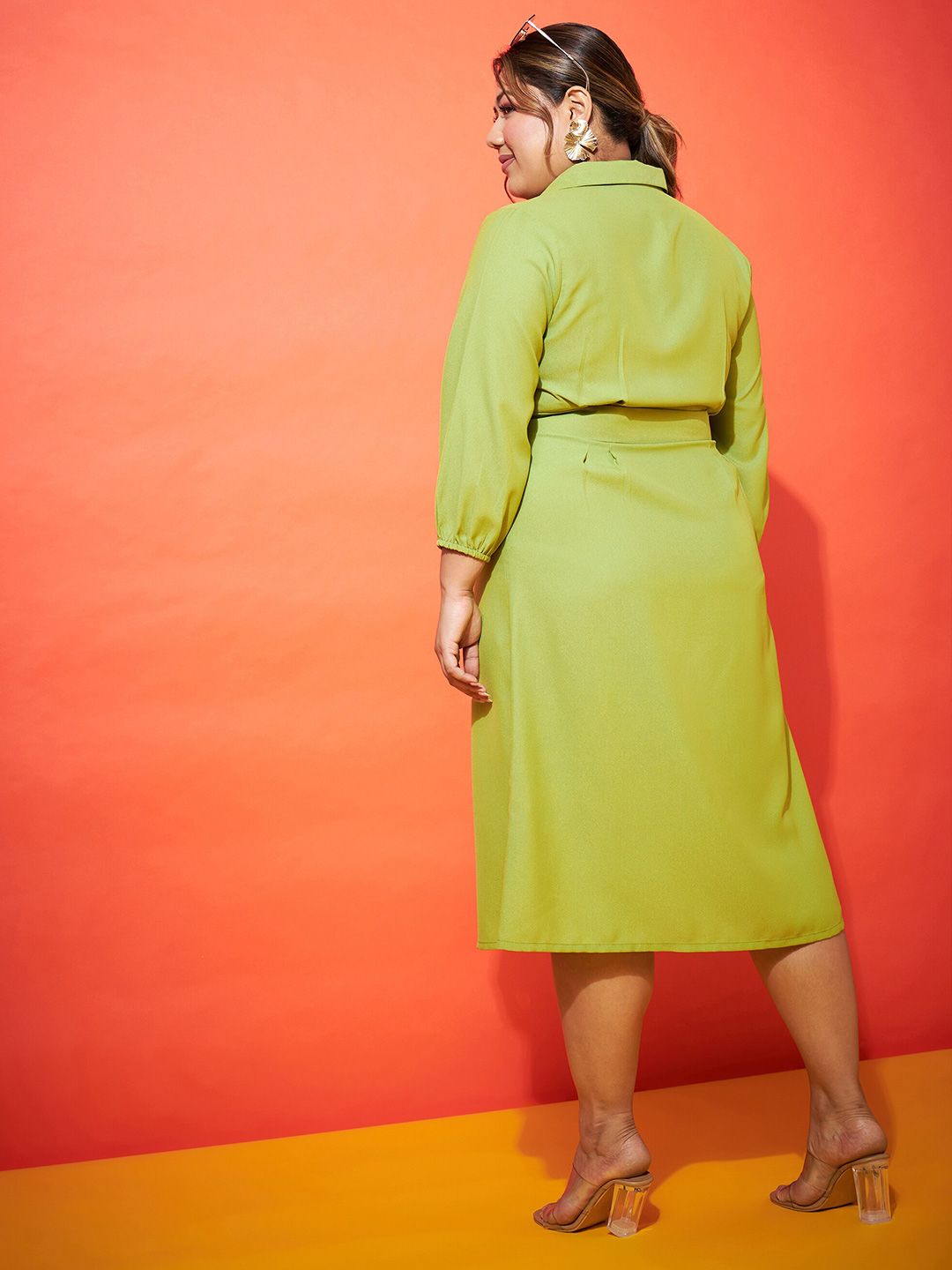 SASSAFRAS Curve Plus Size Green Shirt Collar Shirt Dress With Belt