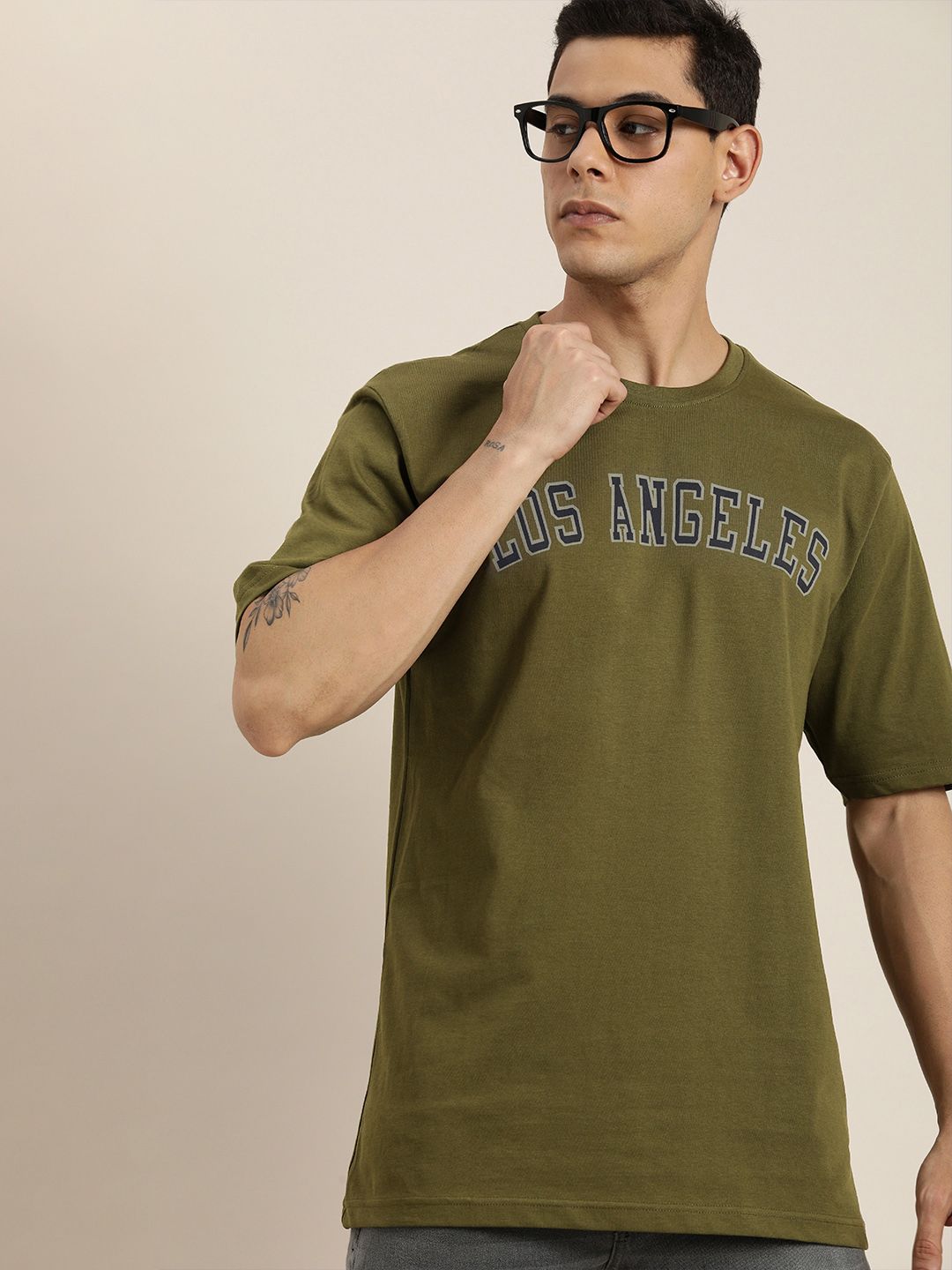 DILLINGER Men Olive Green Printed Pure Cotton Loose Oversized T-shirt