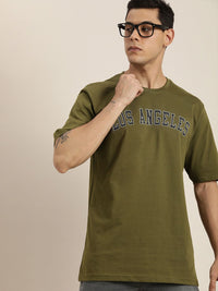 DILLINGER Men Olive Green Printed Pure Cotton Loose Oversized T-shirt