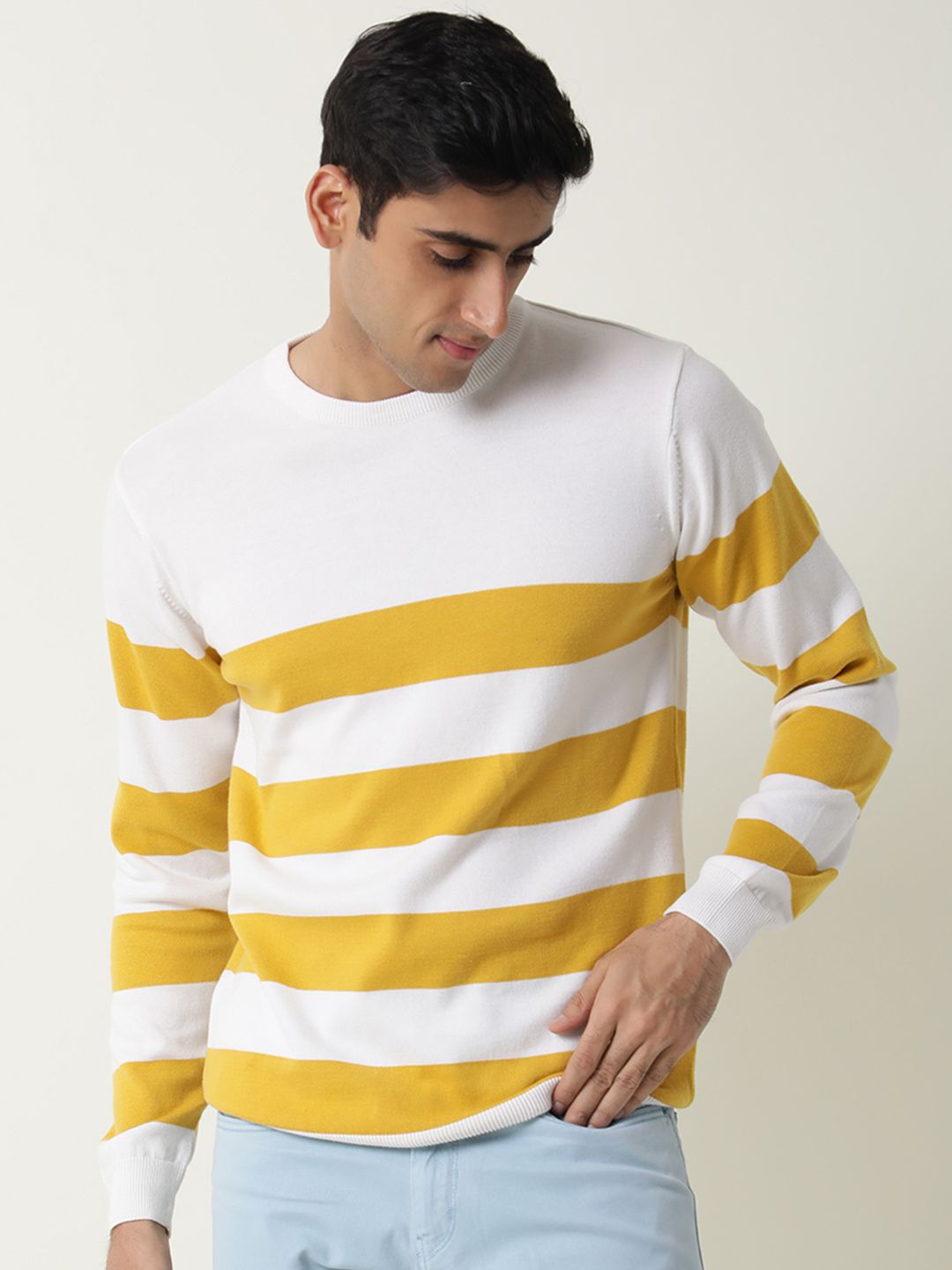 RARE RABBIT Men Marri Slim Fit White Striped Sweater