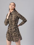 SASSAFRAS Black & Beige Animal Print Mini Shirt Dress