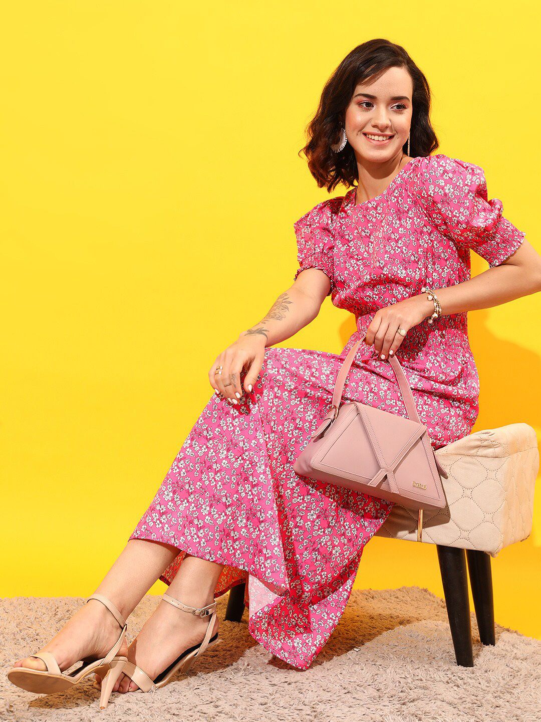 STREET 9 Floral Printed Puff Sleeves A-Line Dress