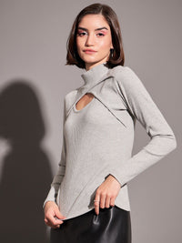 SASSAFRAS Grey High Neck Cut-Out Details Fitted Top