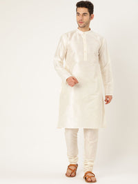 SOJANYA Men Off-White & Red Solid Kurta Set with Nehru Jacket