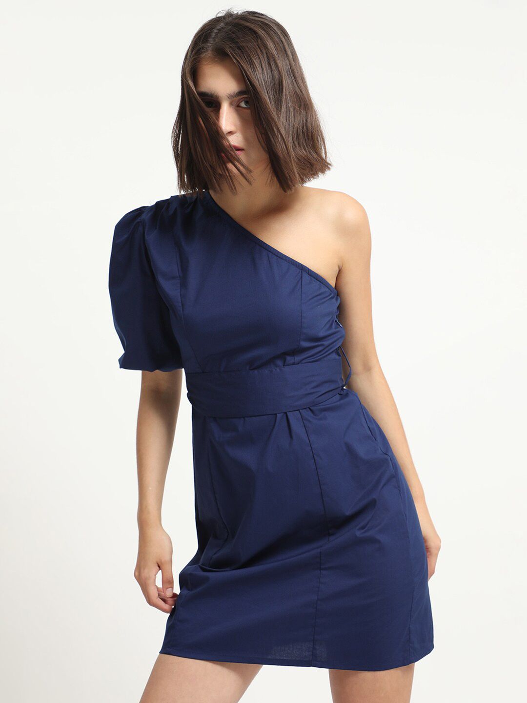 RAREISM One Shoulder Belted Detailed A-Line Poplin Dress
