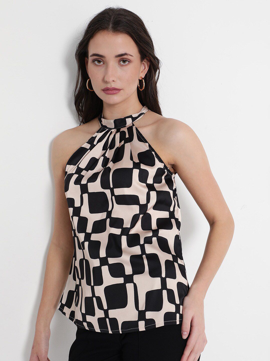 RAREISM Geometric Printed High Neck Cotton Top