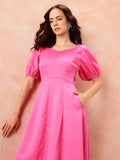 all about you Sweetheart Neck Puff Sleeves Satin Fit & Flare Midi Dress