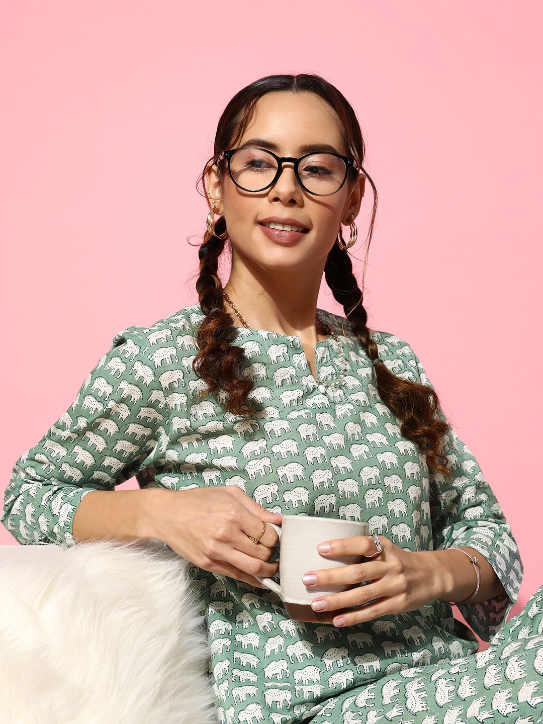 SANSKRUTIHOMES Women Green & White Printed Pure Cotton Top With Trousers