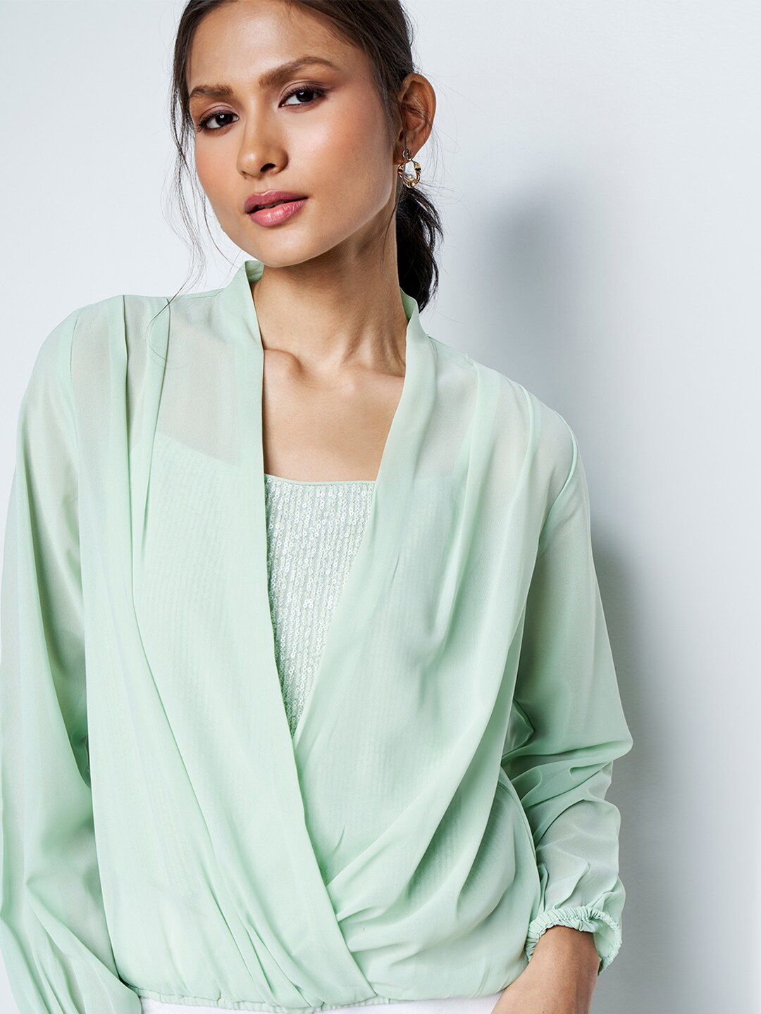 AND Embellished Puff Sleeves Gathered Detailed Wrap Top