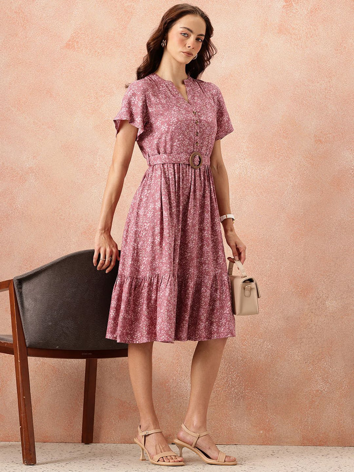 all about you Floral Print Flutter Sleeves A-Line Midi Dress with Belt