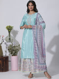 W Floral Yoke Design Thread Work Straight Kurta With Skirt & Dupatta
