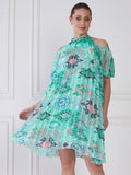 Antheaa Sea Blue Floral Print Halter Neck Pleated A-Line Dress