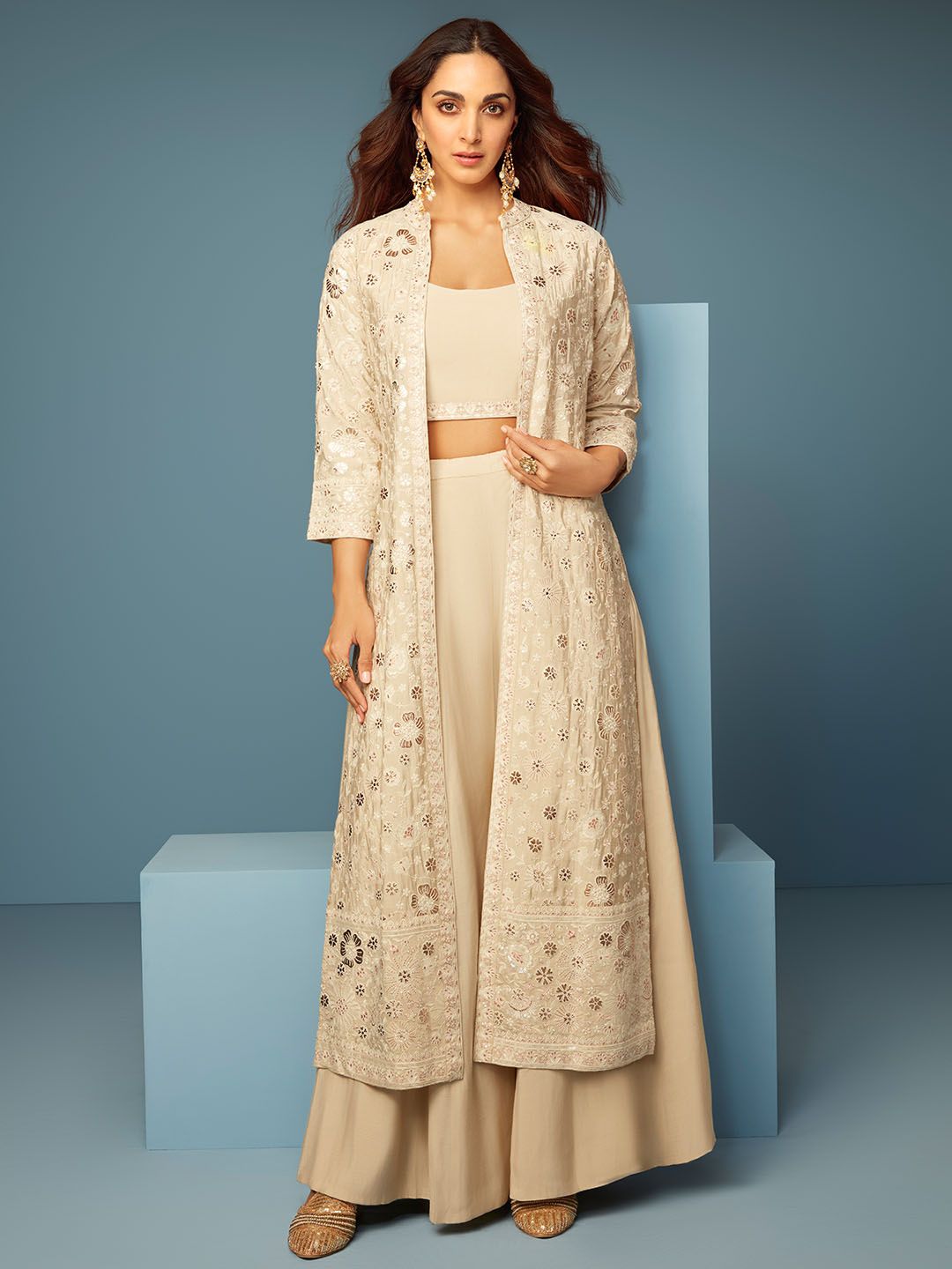 Libas Embroidered Sleeveless Top, Shrug & Palazzos Co-Ords