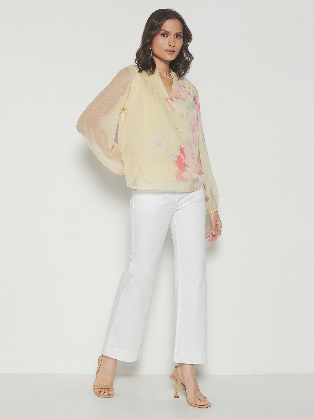 AND Floral Printed Mandarin Collar Cuffed Sleeves Pleated Top