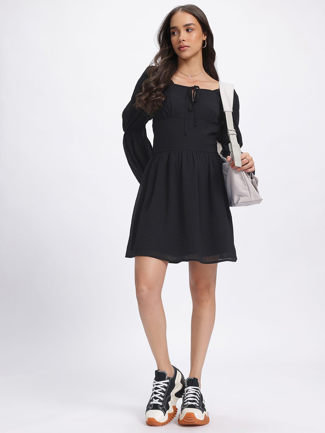 DressBerry Textured Dream Puff Sleeves A-Line Dress