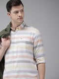 THE BEAR HOUSE Men White & Grey Pure Cotton Slim Fit Striped Casual Shirt